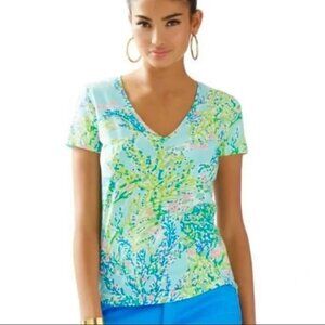 Lilly Pulitzer Michele Sky Blue Heaven Sea Weed Cotton V-neck Tee T-shirt Small